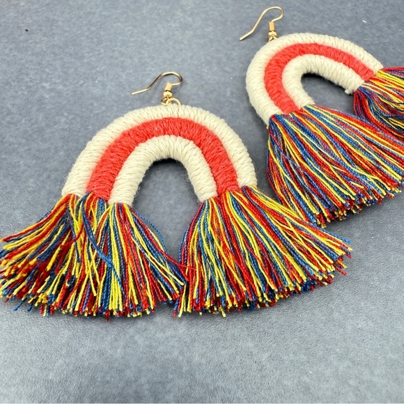 Colorful Macrame Rainbow Tassel Earrings Red Yellow Blue - Picture 3 of 12
